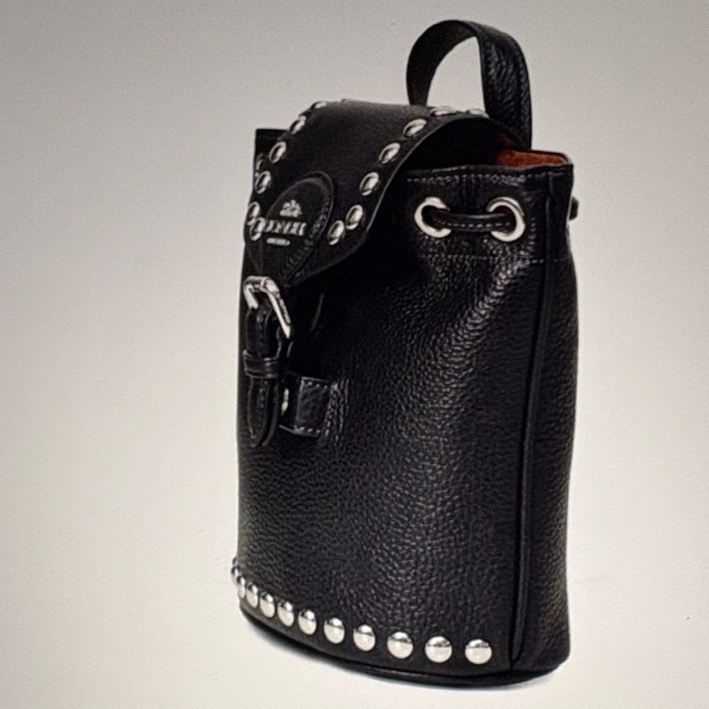 Coach Black Pebbles Leather Studded Drawstring Backpack with Silver Accents - Picture 10 of 11